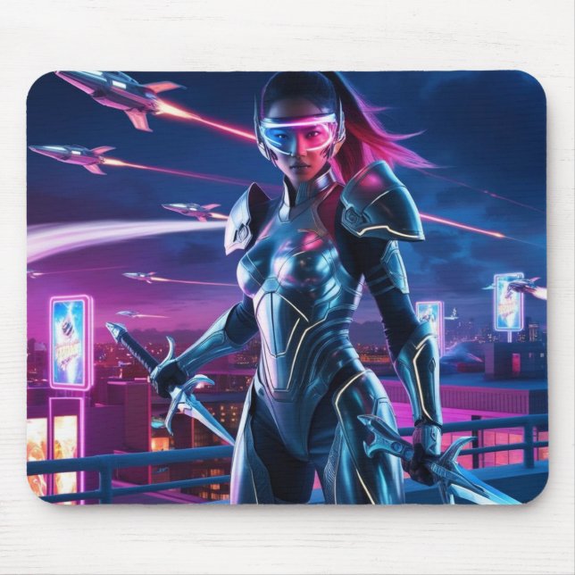 Cyberpunk Warrior Mouse Pad Neon Cityscape Design (Front)