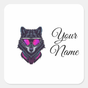 Cyberpunk Wolf Neon Art Personalizable Name Mug -  Square Sticker