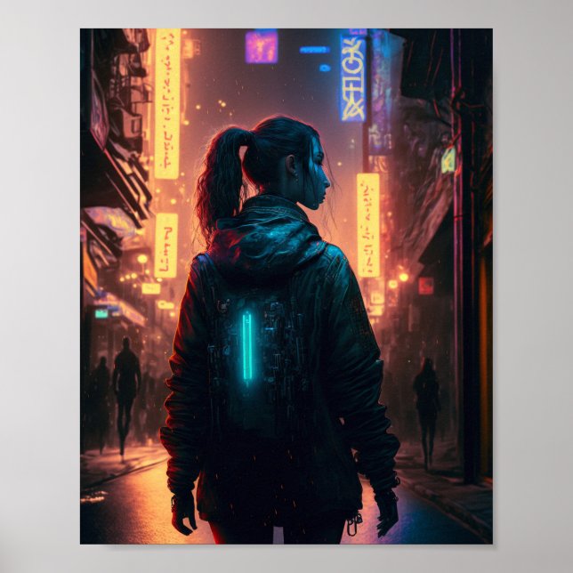Cyberpunk woman in the city poster (Front)
