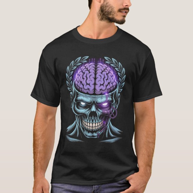 Cyberpunk Zombie AI Brain T-Shirt | Sci-Fi Glitch  (Front)