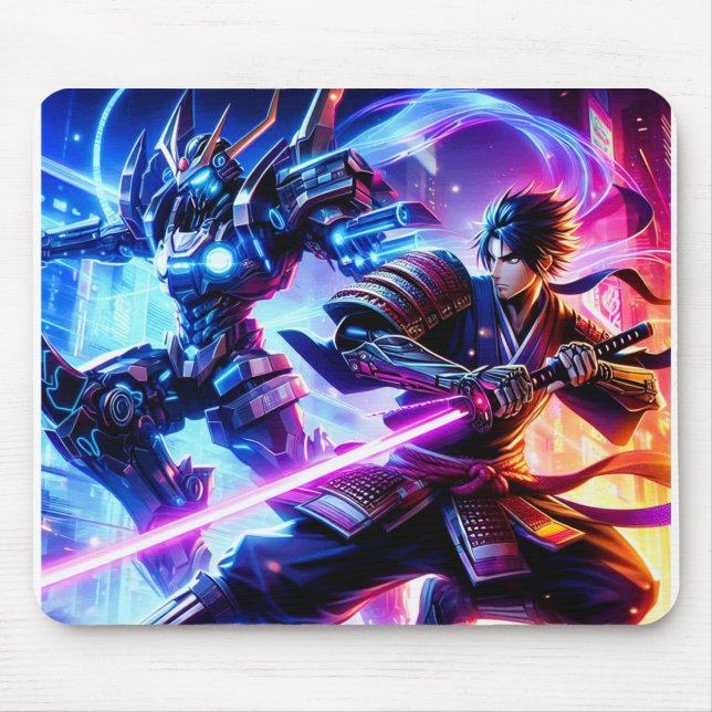 CyberSamurai vs. Mech Warrior–Neon Battle Mousepad (Front)