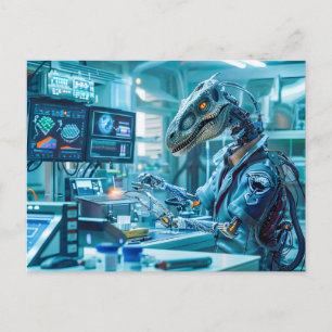 Cyborg Dinosaur at a High-Tech Workstation Holiday Postcard