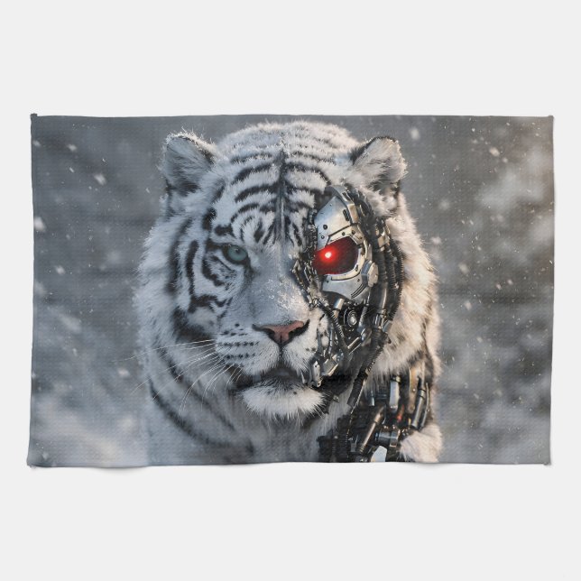 Cyborg white tiger kitchen towel, futuristic sci-f tea towel (Horizontal)