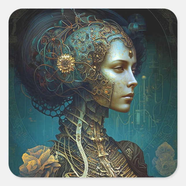 Cyborg Woman Fantasy Sci-Fi Art Square Sticker (Front)