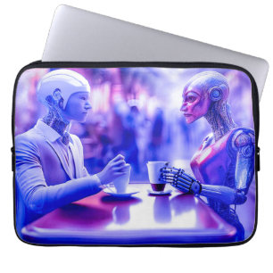 Cyborgs couple eating drinks at street coffee (AI) Laptop Sleeve
