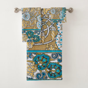 cyclamen blue art nouveau flower botanical bath towel set