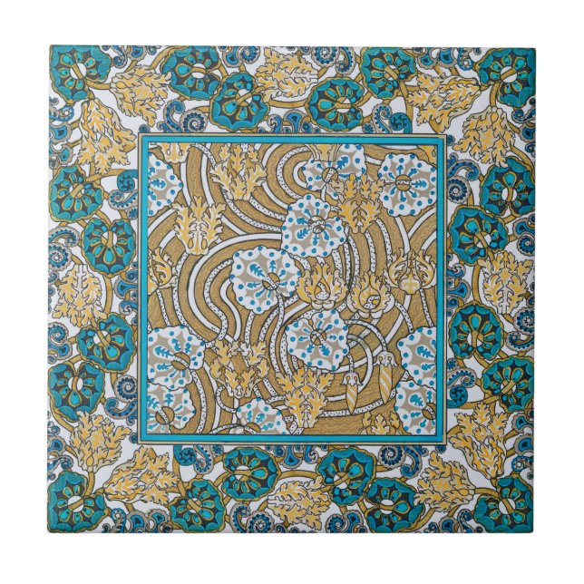cyclamen blue art nouveau flower botanical ceramic tile (Front)