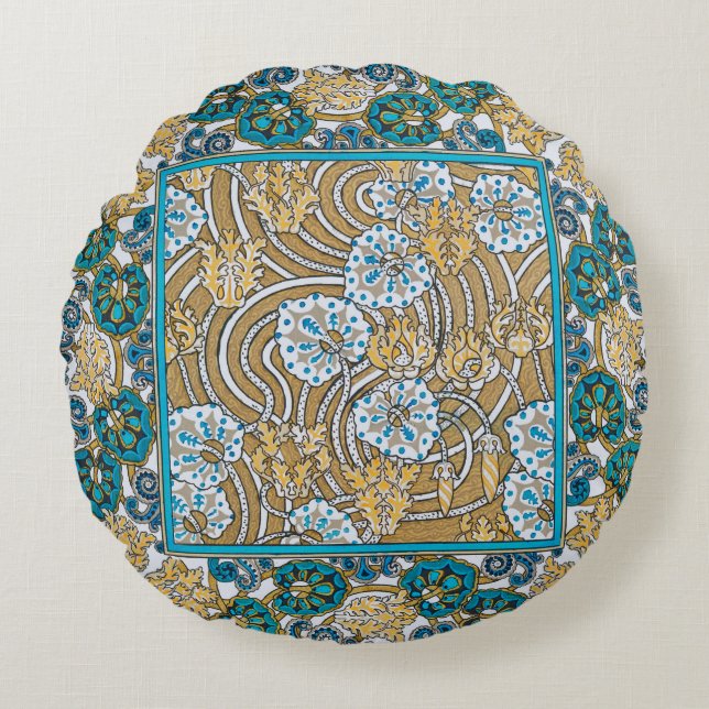 cyclamen blue art nouveau flower botanical round cushion (Front)