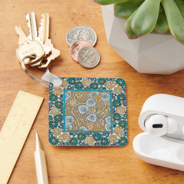 cyclamen blue art nouveau flower wallpaper  key ring (Desk)