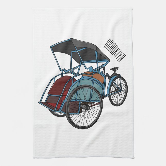 Cycle rickshaw cartoon illustration tea towel (Vertical)