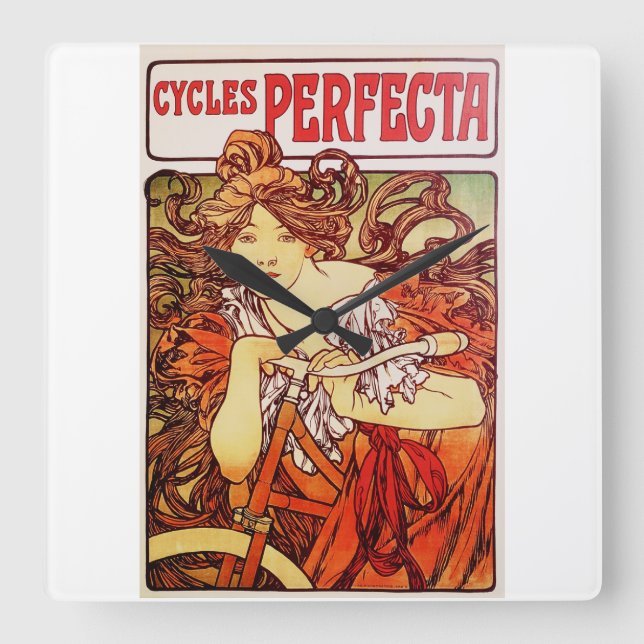 Cycles Perfecta by Alphonse Mucha Square Wall Clock (Front)