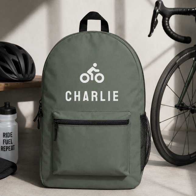 Cycling Backpack | Custom Name Bike Kit Bag (Personalized cycling backpack with rider name and bike icon for active sport days.)