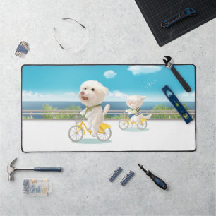 Cycling by the Sea: Smiling Bichon & Bao Bao Art Desk Mat