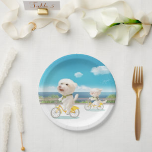 Cycling by the Sea: Smiling Bichon & Bao Bao Art Paper Plate