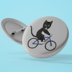 Cycling cat on a bike Black and white cat 6 Cm Round Badge