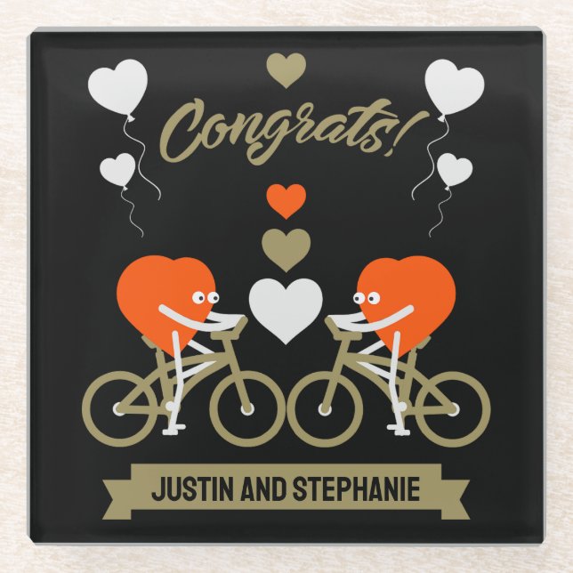 Cycling Couple Romantic Wedding And Valentine Glass Coaster (Front)