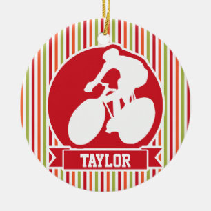 Cycling, Cyclist; Red, Orange Green Stripes Ceramic Tree Decoration