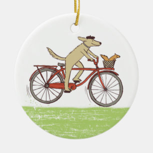 Cycling Dog and Squirrel Whimsical Animal Art Ceramic Ornament