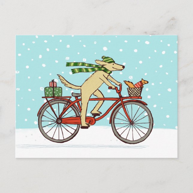 Cycling Dog and Squirrel Whimsical Winter Holiday (Front)