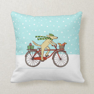 Cycling Dog and Squirrel Whimsical Winter Holiday Cushion