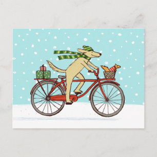 Cycling Dog and Squirrel Whimsical Winter Holiday Postcard