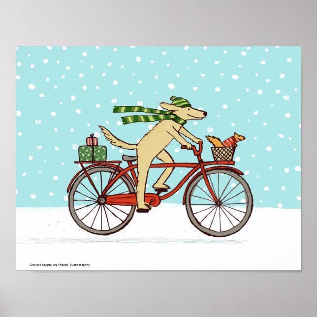 Cycling Dog and Squirrel Whimsical Winter Holiday Poster (Front)