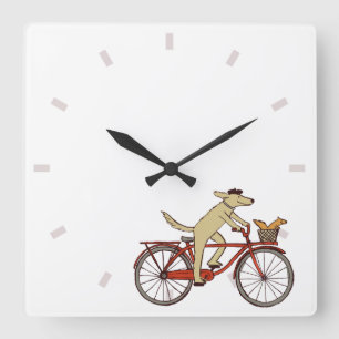Cycling Dog with Squirrel Friend - Fun Animal Art Square Wall Clock