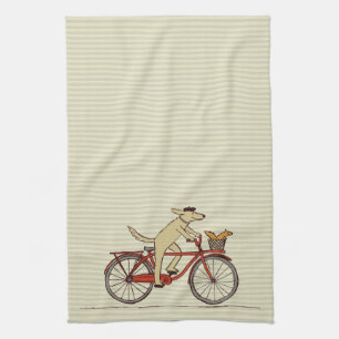 Cycling Dog with Squirrel Friend - Fun Animal Art Tea Towel