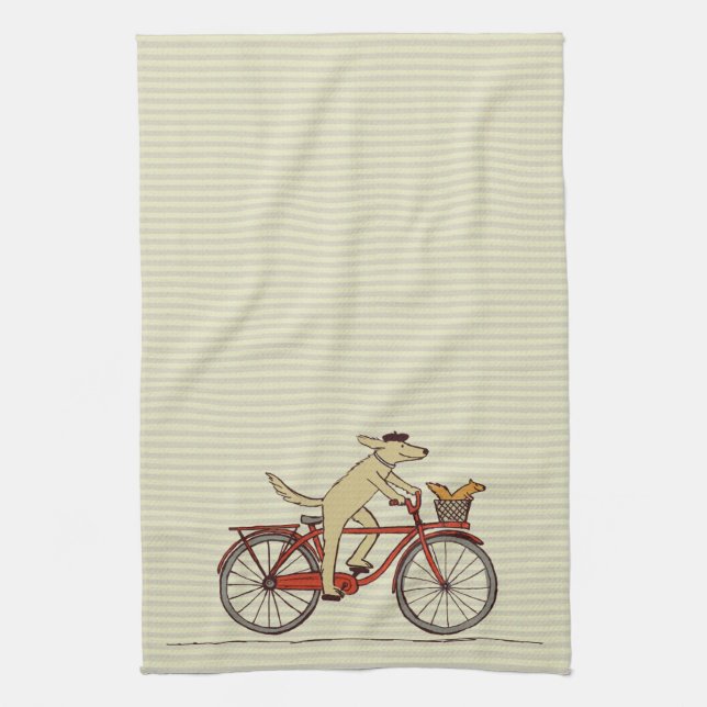 Cycling Dog with Squirrel Friend - Fun Animal Art Tea Towel (Vertical)