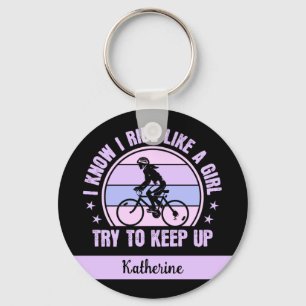 Cycling Girl Try to Keep Up Retro Bicycle Key Ring