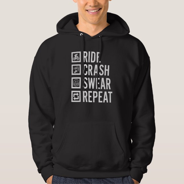 Cycling Ride Crash Swear Repeat Humour Bicycle Hoodie (Front)