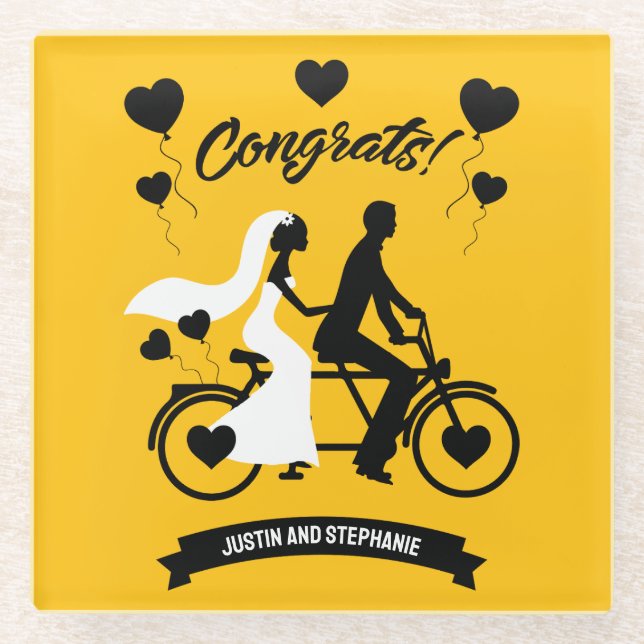 Cycling Tandem Romantic Wedding And Engagement Glass Coaster (Front)