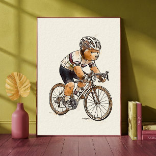 Cycling Teddy Bear Cyclist Animal Sports Nursery Poster