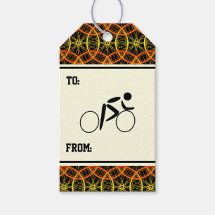 Cyclist bicycle wheel pattern orange black gift tags