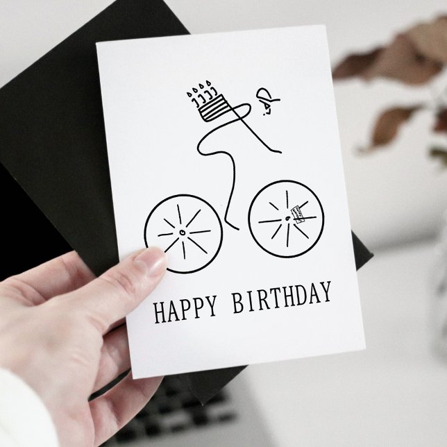 Cyclist Carry Birthday Cake Line Vector Bicycle Card (Creator Uploaded)