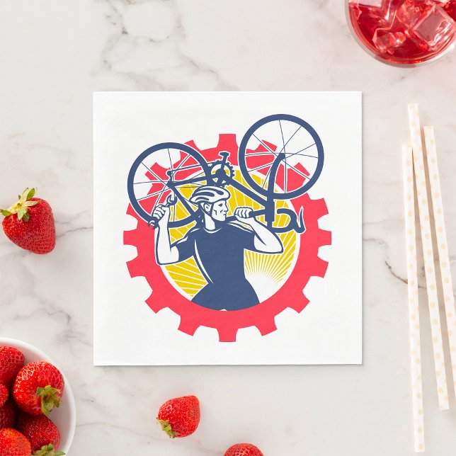 Cyclist Carrying Bike Cycling Mechanic Gear Napkin (Creator Uploaded)