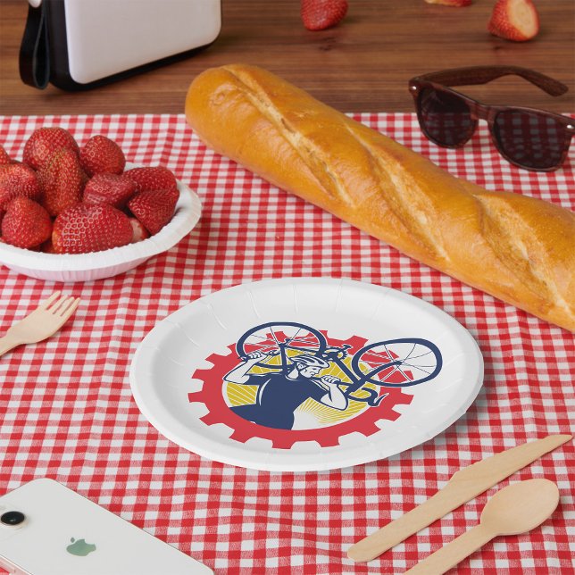 Cyclist Carrying Bike Cycling Mechanic Gear Paper Plate (Creator Uploaded)