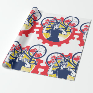 Cyclist Carrying Bike Cycling Mechanic Gear Wrapping Paper