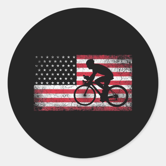Cyclist Cycling Bicycle American Flag 4th of July Classic Round Sticker (Front)