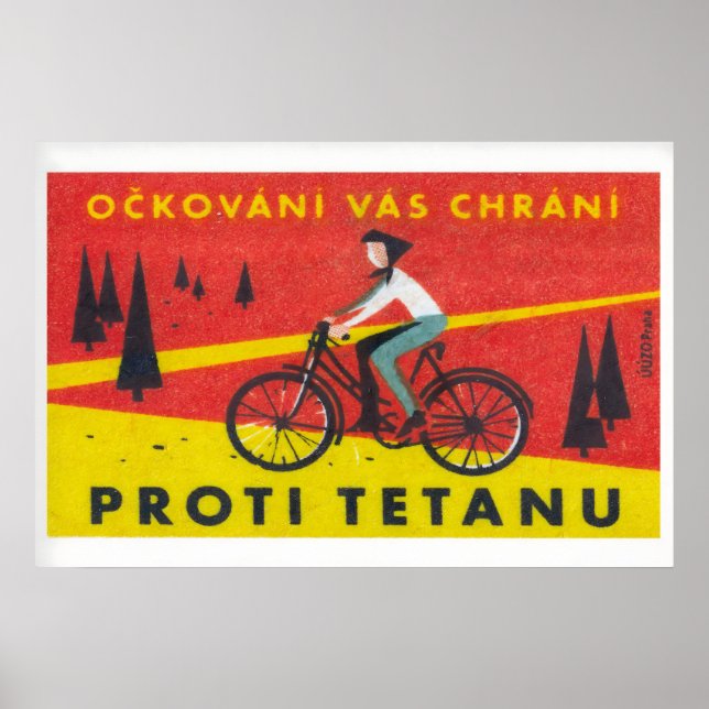 Cyclist in Forest Matchbox Art Print, Czech Poster (Front)
