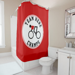 Cyclist on his bike red and black champs shower curtain