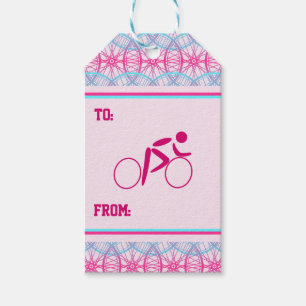 Cyclist pink blue bicycle wheel pattern gift tags