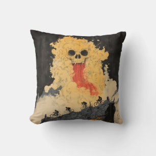 Cyclists and Fire-Breathing Yokai Throw Pillow