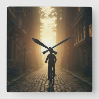 Cyclists Silhouette Street Scene Square Wall Clock