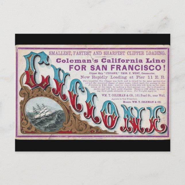 Cyclone Clipper sailing ships 1900 Postcard (Front)