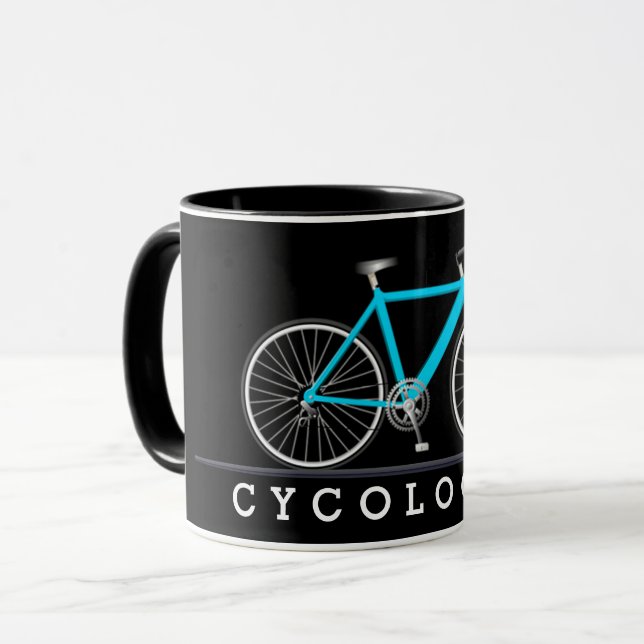 Cycologist text with aqua bicycle mug (Front Left)