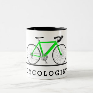 Cycologist text with green bicycle Two-Tone coffee mug