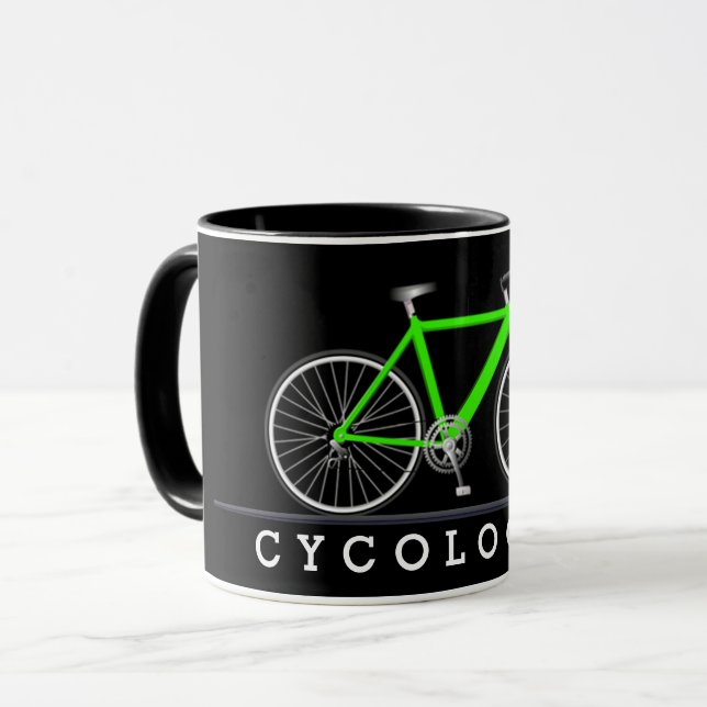 Cycologist text with neon green bicycle mug (Front Left)