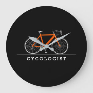 Cycologist text with orange bicycle large clock