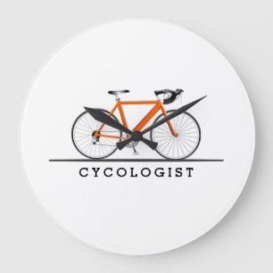 Cycologist text with orange bicycle large clock